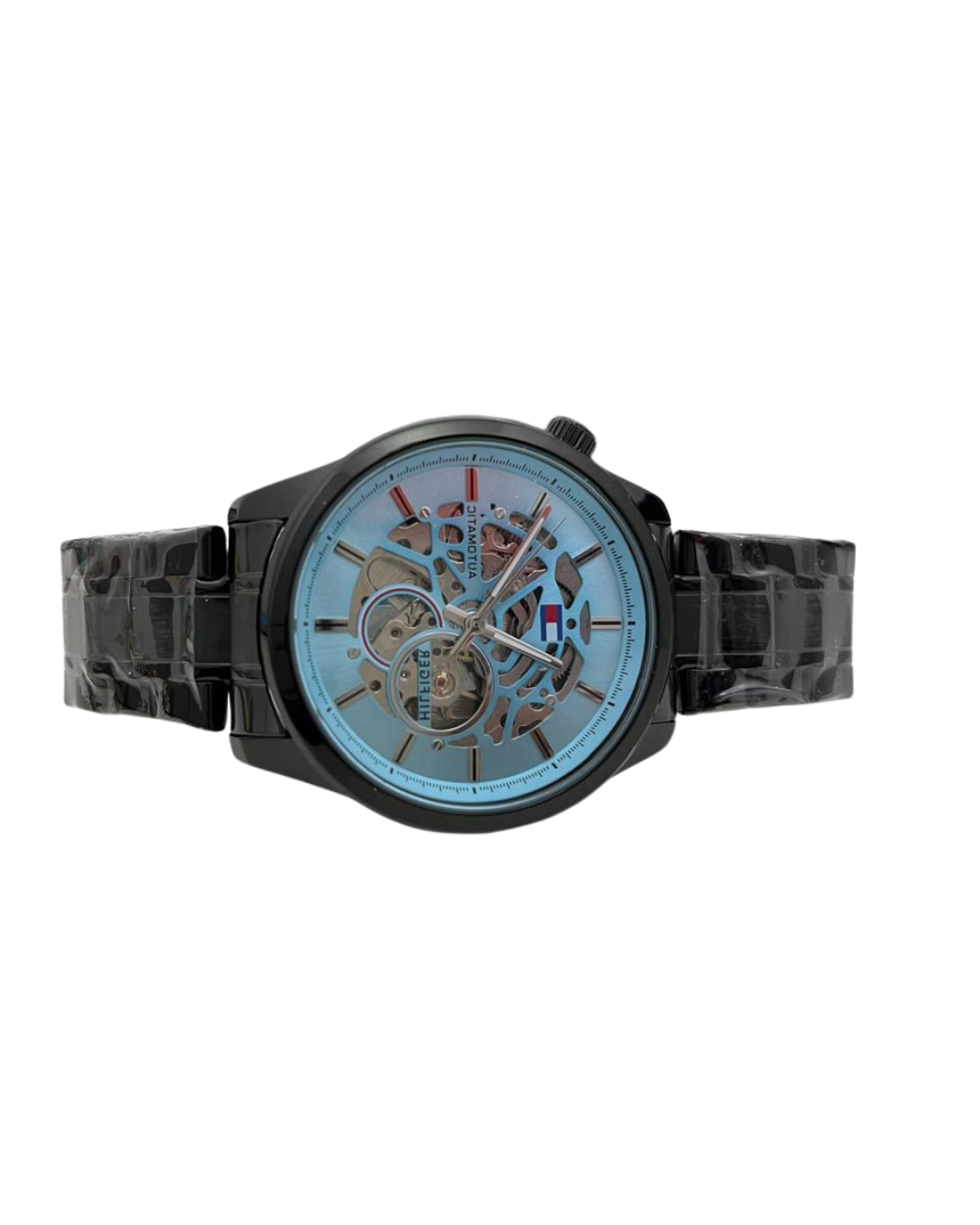 Untitled design - 2026-01-27T111845.429 Luxury-Inspired Skeleton Dial Wrist Watch | Blue Transparent Face | Black Textured Strap - Image 1