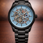 Luxury-Inspired Skeleton Dial Wrist Watch | Blue Transparent Face | Black Textured Strap