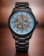Luxury-Inspired Skeleton Dial Wrist Watch | Blue Transparent Face | Black Textured Strap