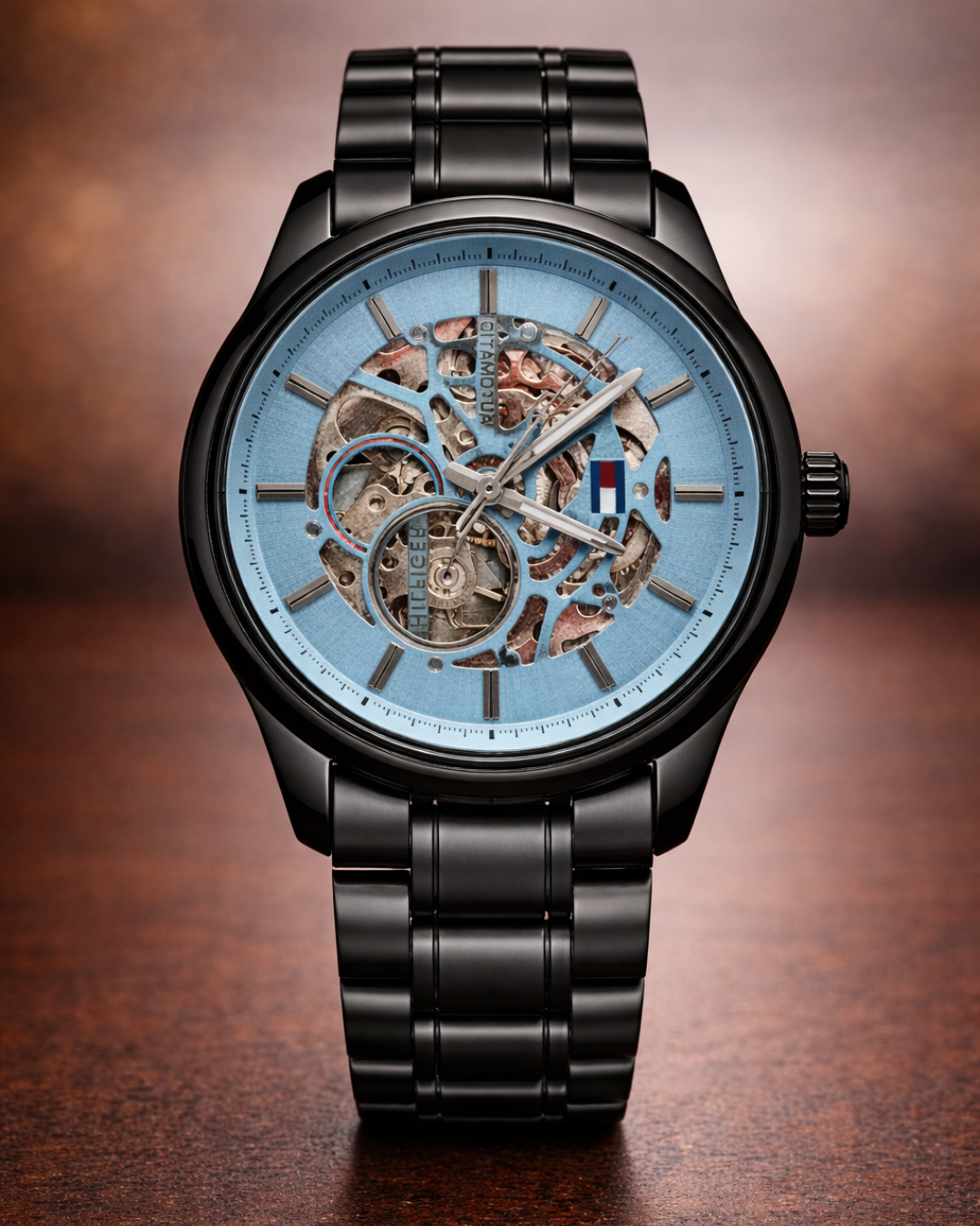 v (16) Luxury-Inspired Skeleton Dial Wrist Watch | Blue Transparent Face | Black Textured Strap - Image 1